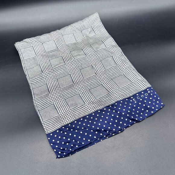 Echo Accessories - Vintage Long Scarf Echo Navy Blue White Houndstooth Plaid Polka Dot Retro